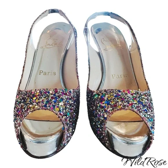 CHRISTIAN LOUBOUTIN Sparkle Confetti Glitter Prive Slingback Pump Sandals SZ 36